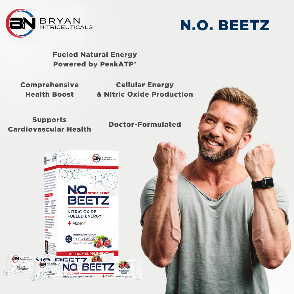 Ingredients list graphic for N.O. Beetz detailing NO2U blend and energy pathways.