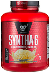 BSN SYNTHA-6 vanilla ice cream tub shows premium protein scoop for daily recovery