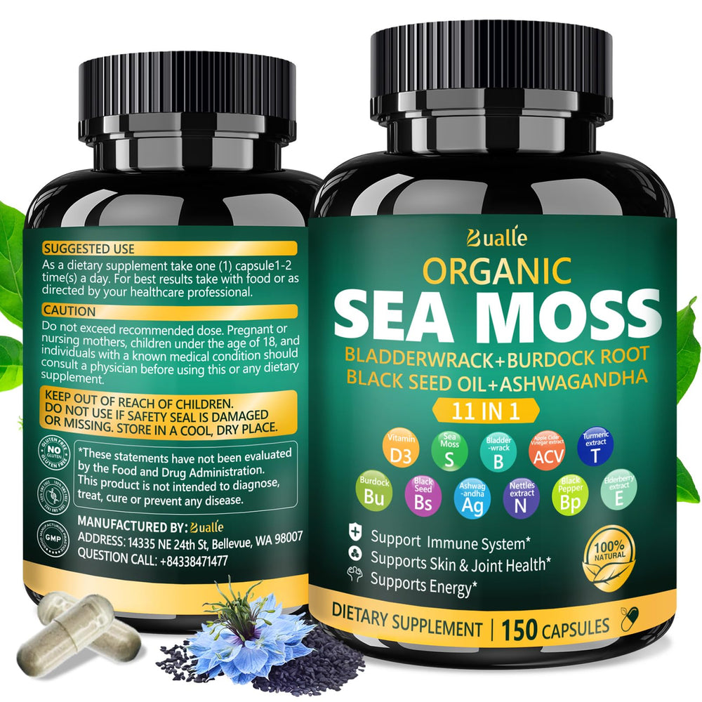 Packaging of Bualle 150-capsule sea moss supplement