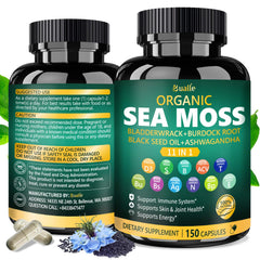 Packaging of Bualle 150-capsule sea moss supplement