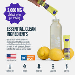 Water bottle with lemon hydration from Hydrate or Die packets.