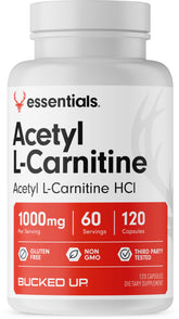 Front view of Bucked Up Acetyl L-Carnitine 1000mg bottle with 180 capsules