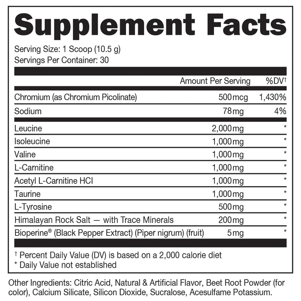 Bucked Up BCAA RACKED Blood Raz label with nutrition information