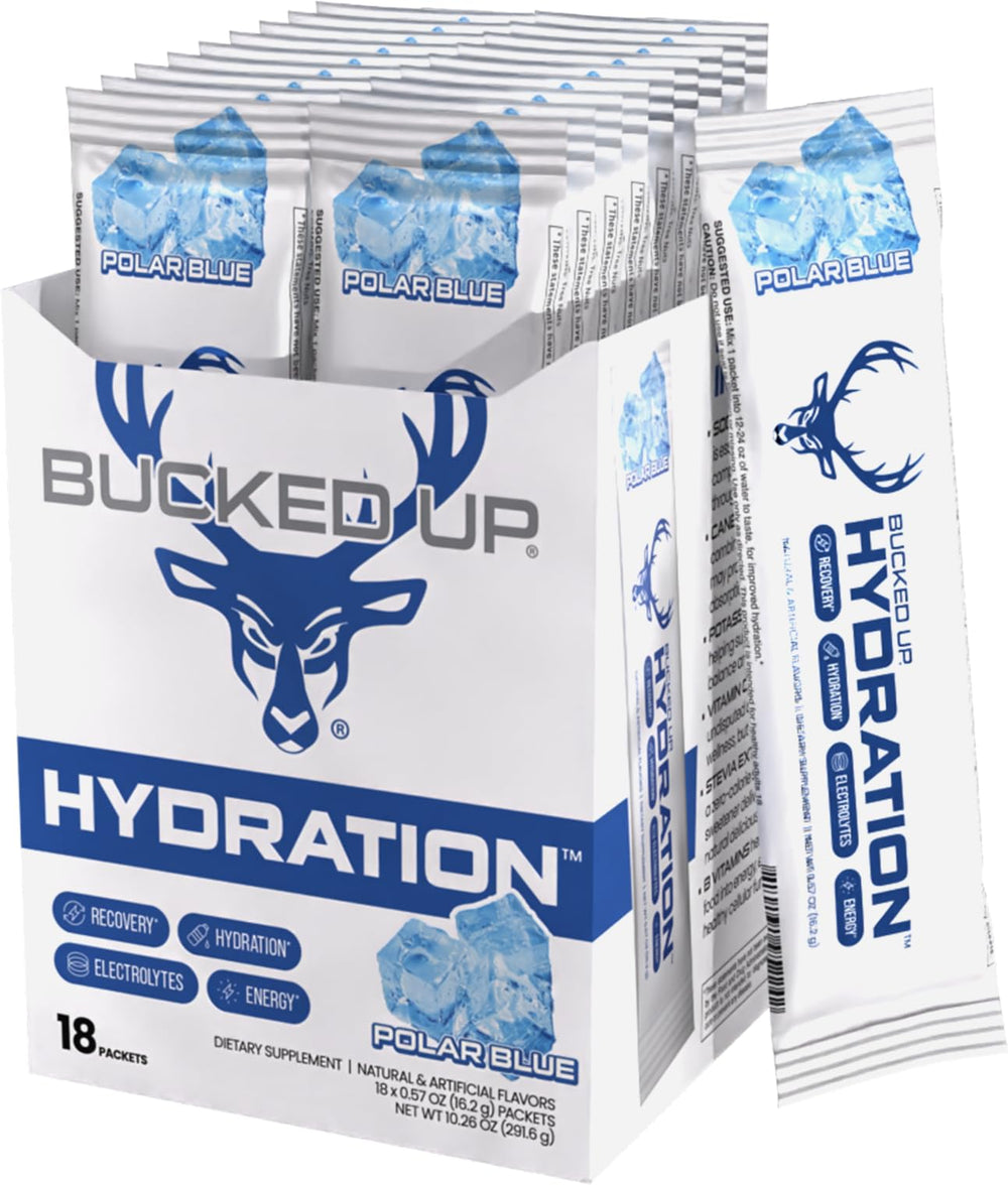 Bucked Up Hydration Polar Blue bottle pour highlights refreshing electrolyte drink for workouts