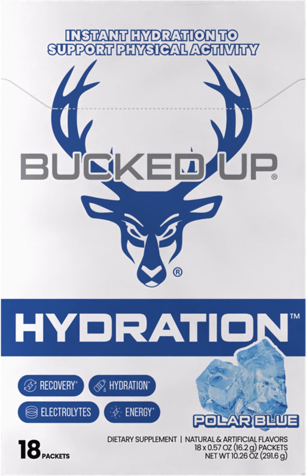 Bucked Up Hydration Polar Blue ingredients label highlights electrolytes and vitamins