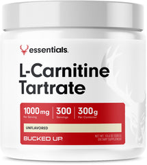 Bucked Up L-Carnitine Tartrate powder bottle with secure lid for freshness.