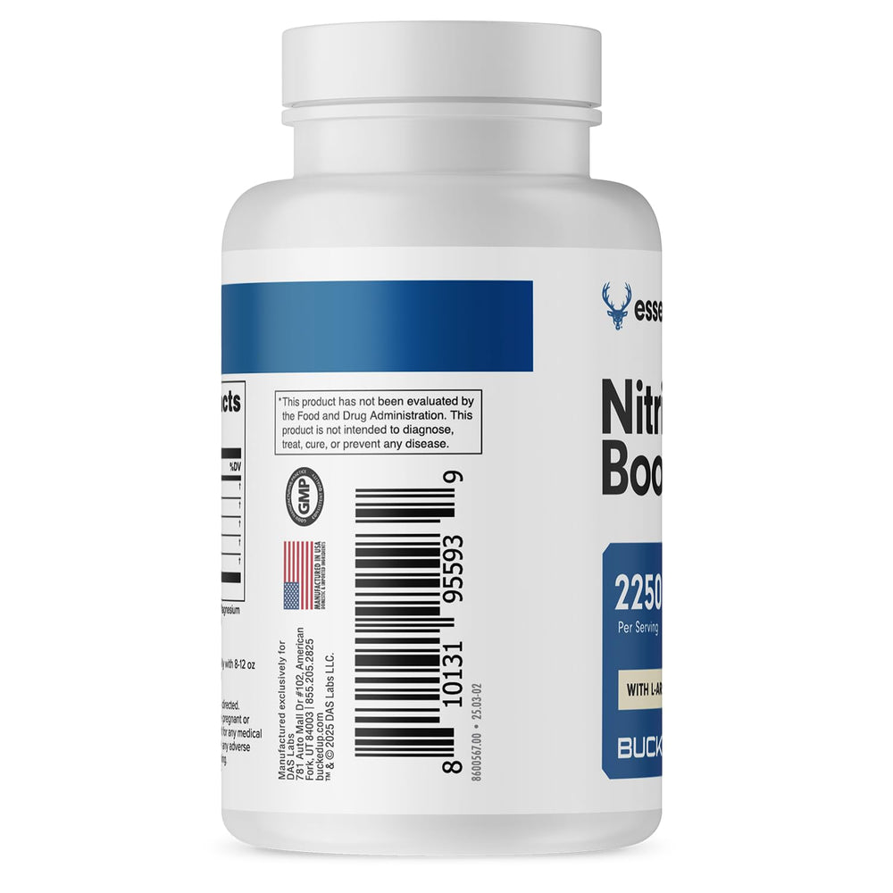 Bucked Up Nitric Oxide Booster label closeup emphasizing quality and testing.