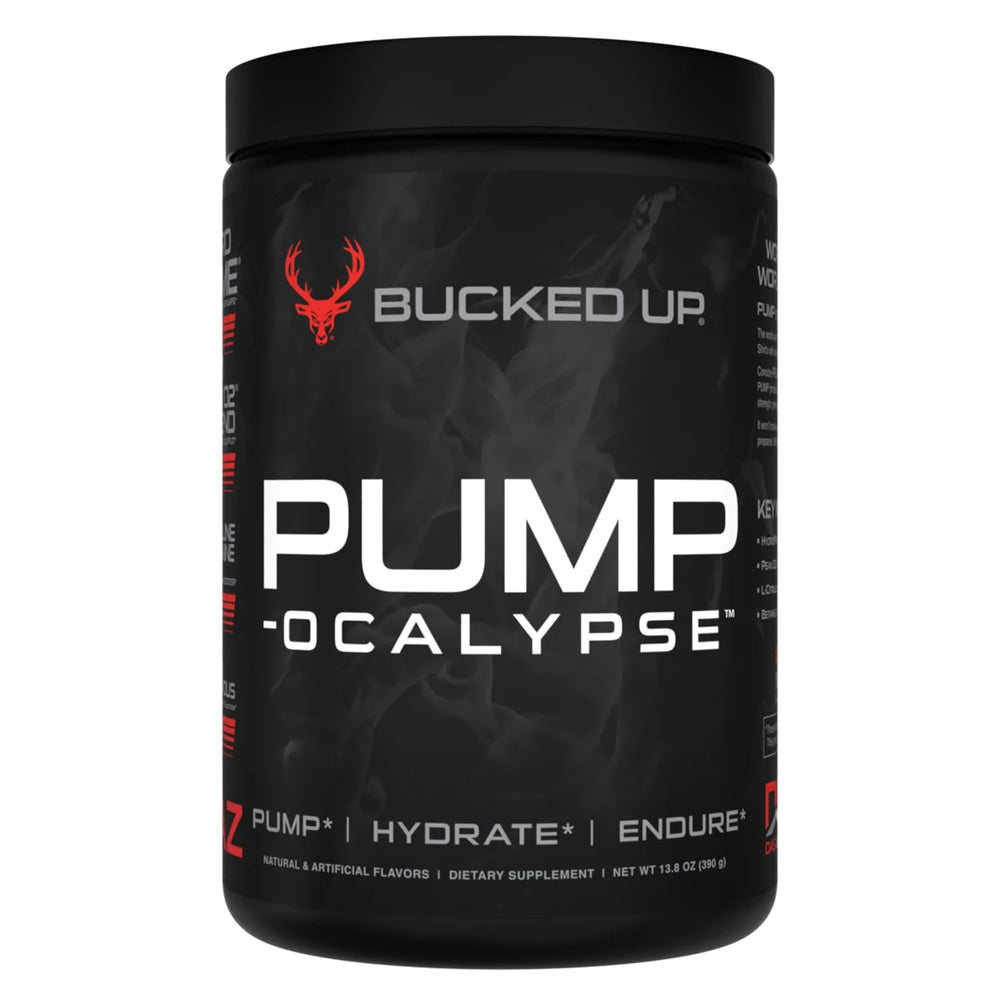Bucked Up Pump-ocalypse bottle label highlighting nitric oxide boosters for stronger muscle pumps.