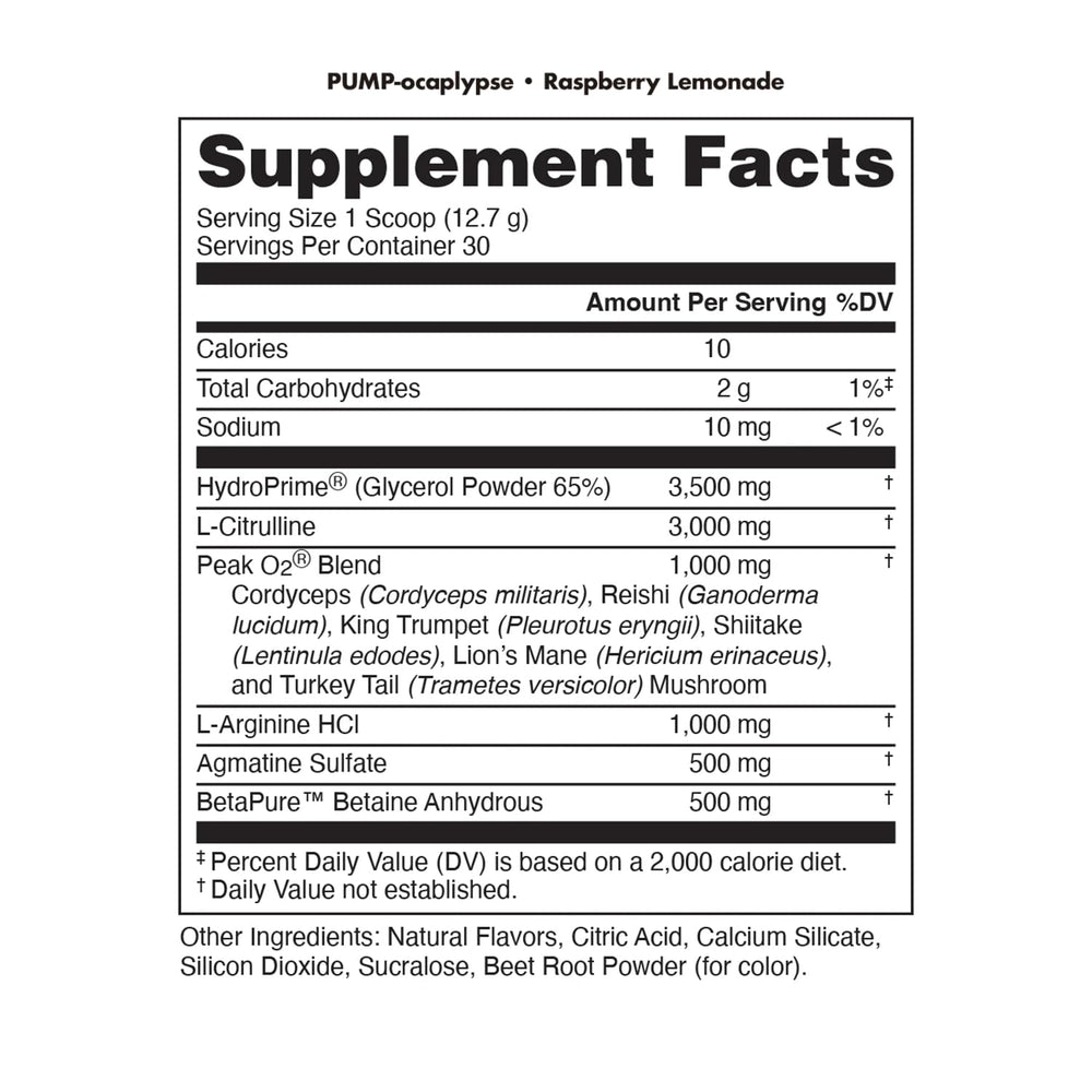 Bucked Up Pump-ocalypse Raspberry Lemonade label closeup highlighting ingredients and blend