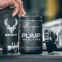 Bucked Up Pump-ocalypse powered workout setup with athletes and glowing energy.