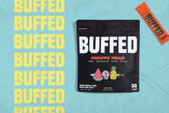 BUFFED electrolytes and B‑vitamins panel on packets promotes hydration and daily vitality.