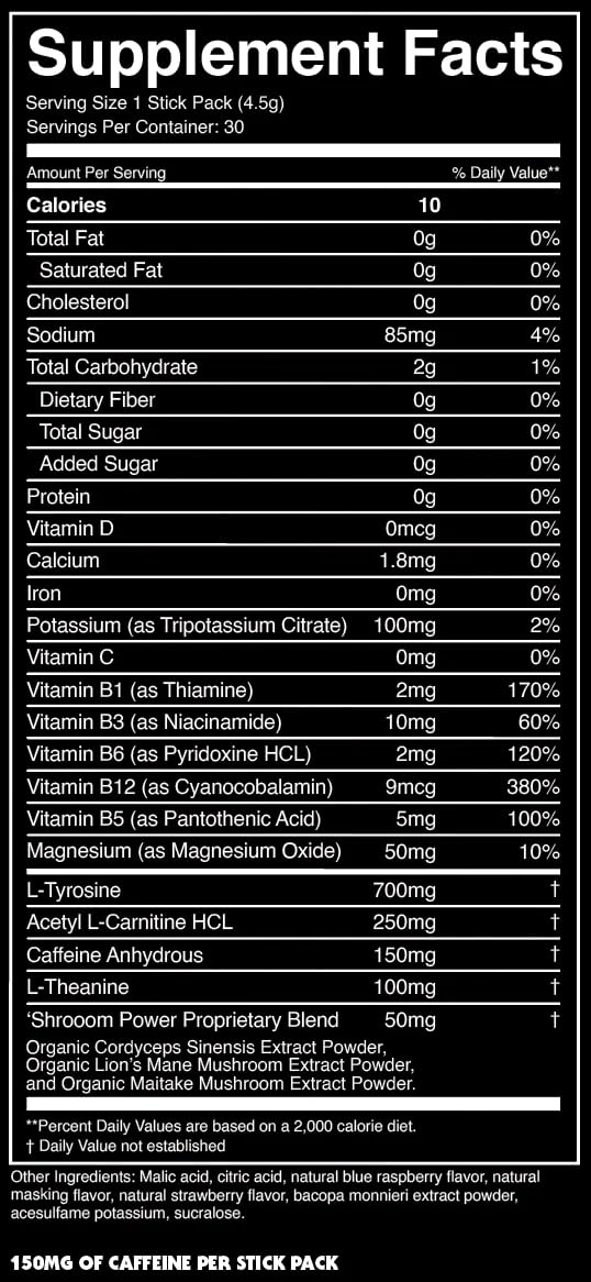 Icons representing caffeine, electrolytes, and vitamins in Buffed formula