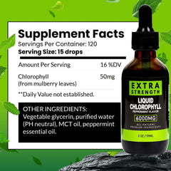 Back label with ingredients and nutrition information on BUIE Chlorophyll Drops bottle