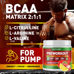 Powder poured into water from Built by Nature container for quick pre-workout energy.