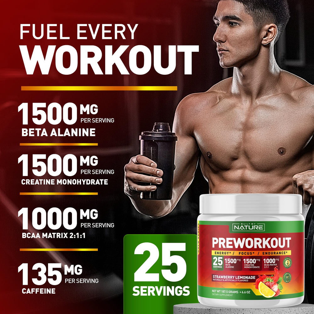 Close-up of strawberry lemonade flavor on Built by Nature pre workout powder packaging.