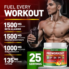 Close-up of strawberry lemonade flavor on Built by Nature pre workout powder packaging.