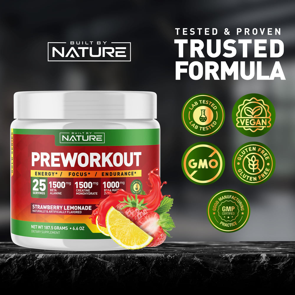 Using Built by Nature pre workout powder: mix one scoop with water.
