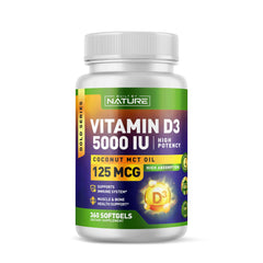 Bottle of Built By Nature Vitamin D3 5000 IU with Coconut MCT Oil – 360 softgels