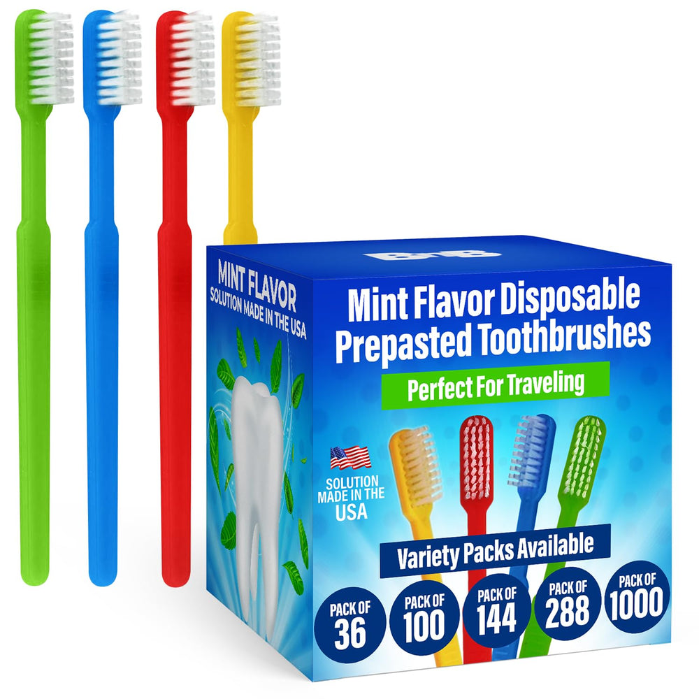 Bulk 288 disposable toothbrushes with mint toothpaste, assorted colors, individually wrapped.