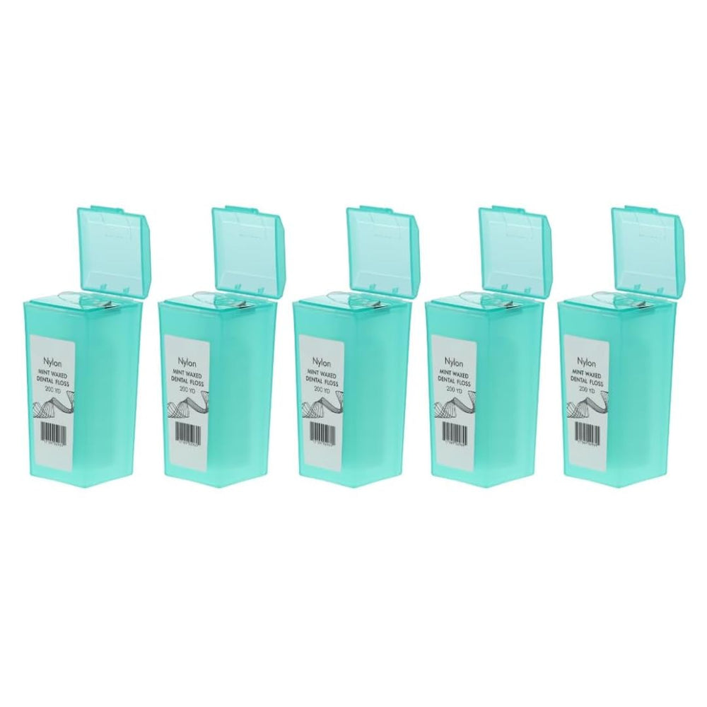 Bulk 5-pack of mint waxed dental floss refills with green dispenser