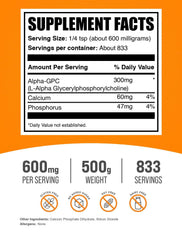 Alpha GPC powder label showing 600 mg per serving