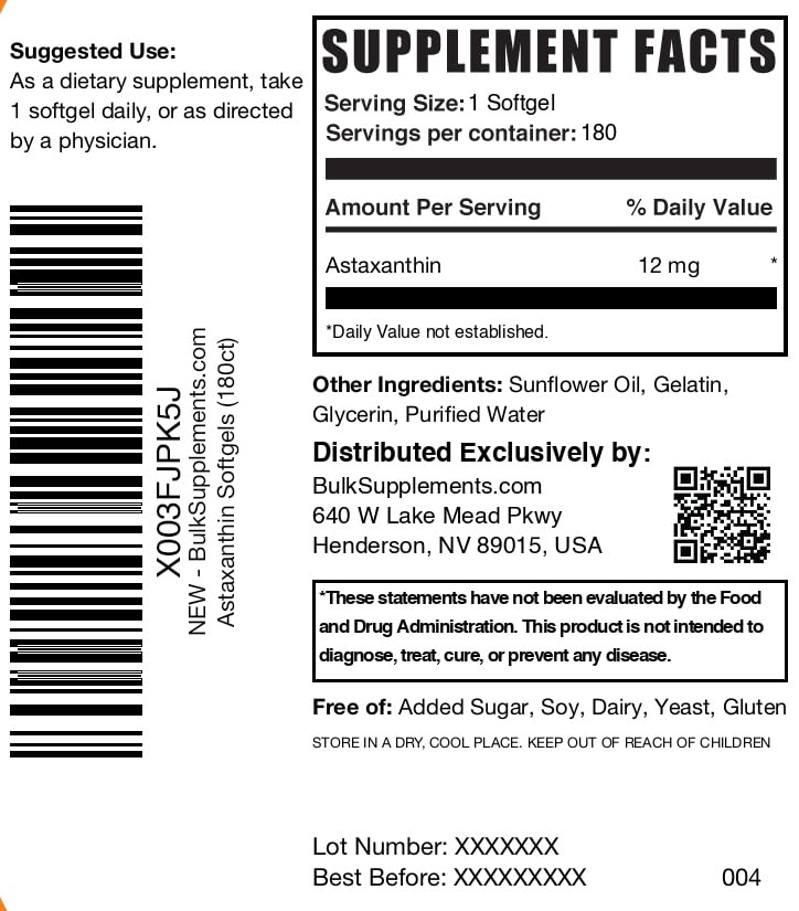 BulkSupplements Astaxanthin 12mg softgels bottle on countertop