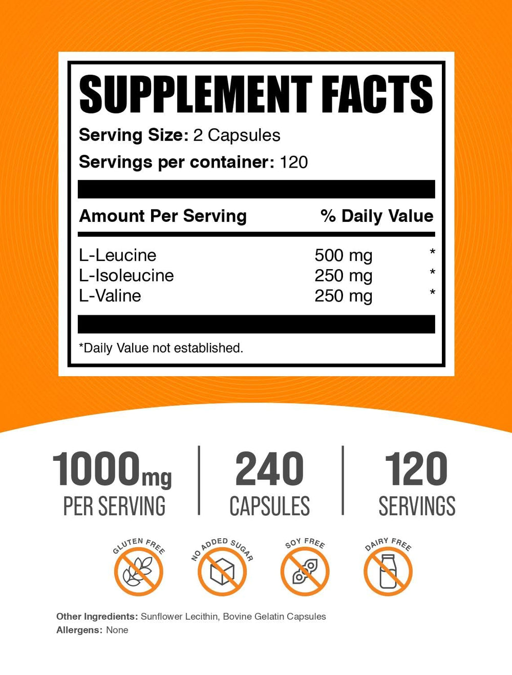 BulkSupplements BCAA 2:1:1 capsules back with supplement facts