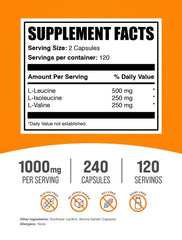 BulkSupplements BCAA 2:1:1 capsules back with supplement facts