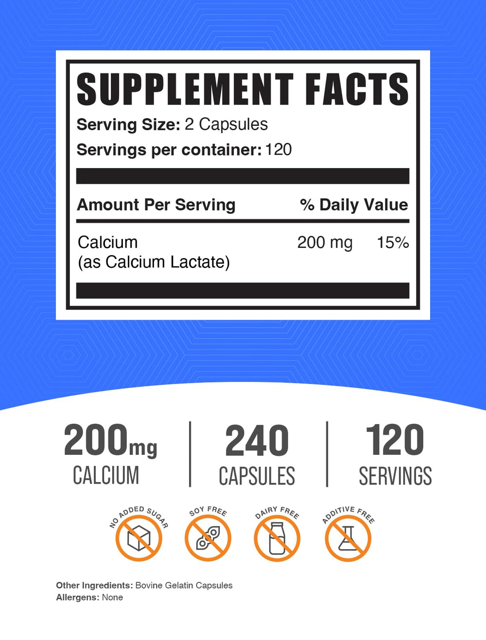 Calcium Lactate 200 mg per serving capsules close-up