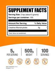 BulkSupplements Creatine Monohydrate powder scoop measures 5 g for training