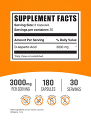 Closeup of BulkSupplements D-Aspartic Acid capsules highlights 3000mg per serving.