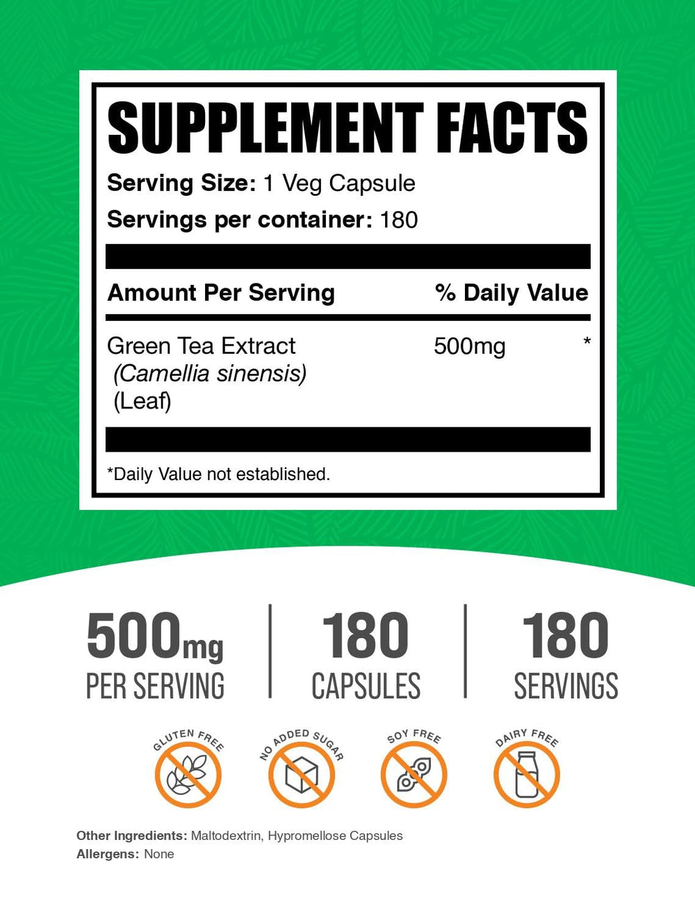BulkSupplements Green Tea Extract 500mg capsules - 180-count