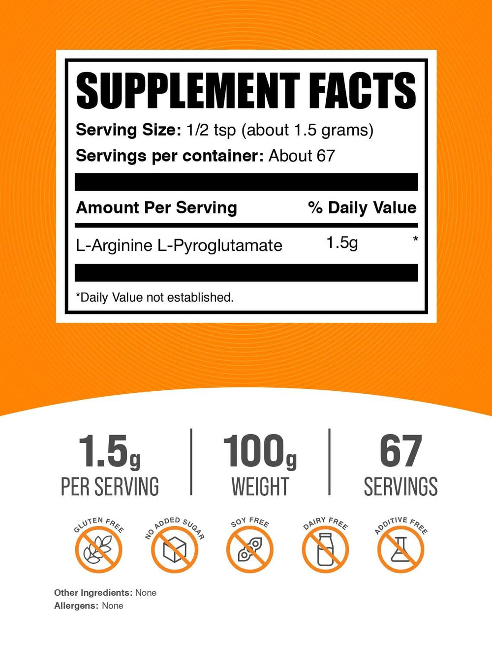 Serving size visual showing 1.5 g per serving of L-Arginine L-Pyroglutamate