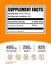 Graphic showing 400 mg per serving of N-Acetyl L-Tyrosine (NALT) powder