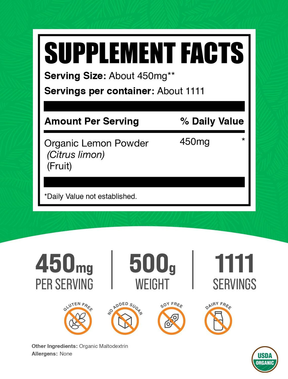 Packaging label for Organic Lemon Powder
