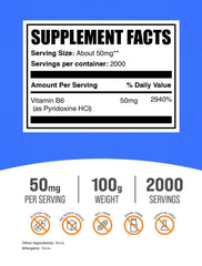 Back label with ingredients and supplement facts for Pyridoxine HCl Powder 100g
