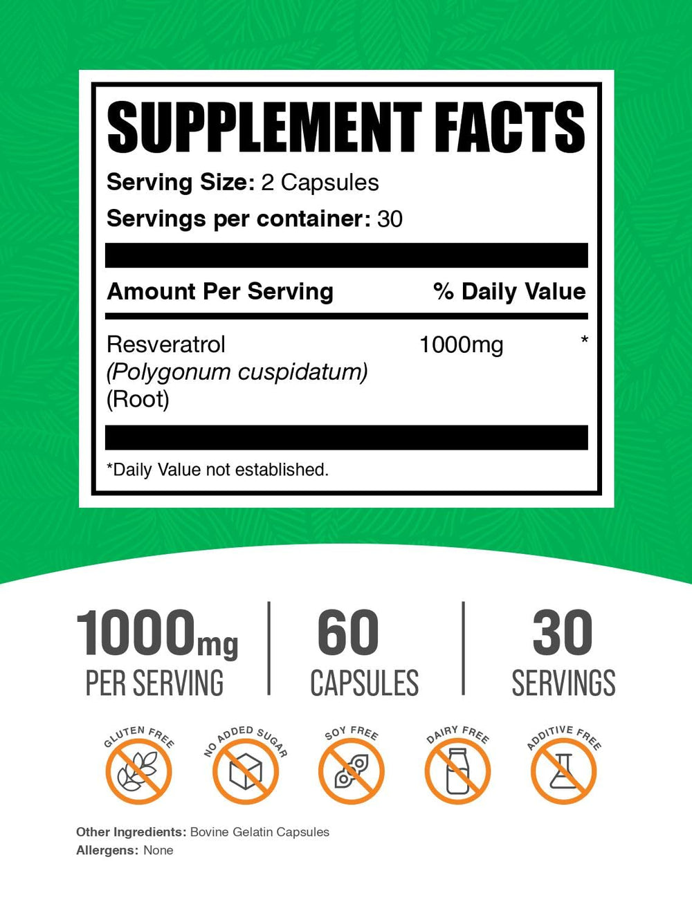 BulkSupplements Resveratrol 1000mg capsules bottle - 180 count