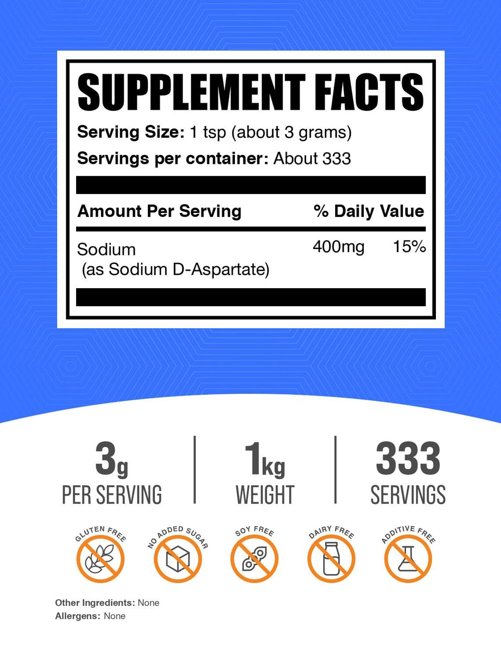 Bottle of Sodium D-Aspartate Powder with product label