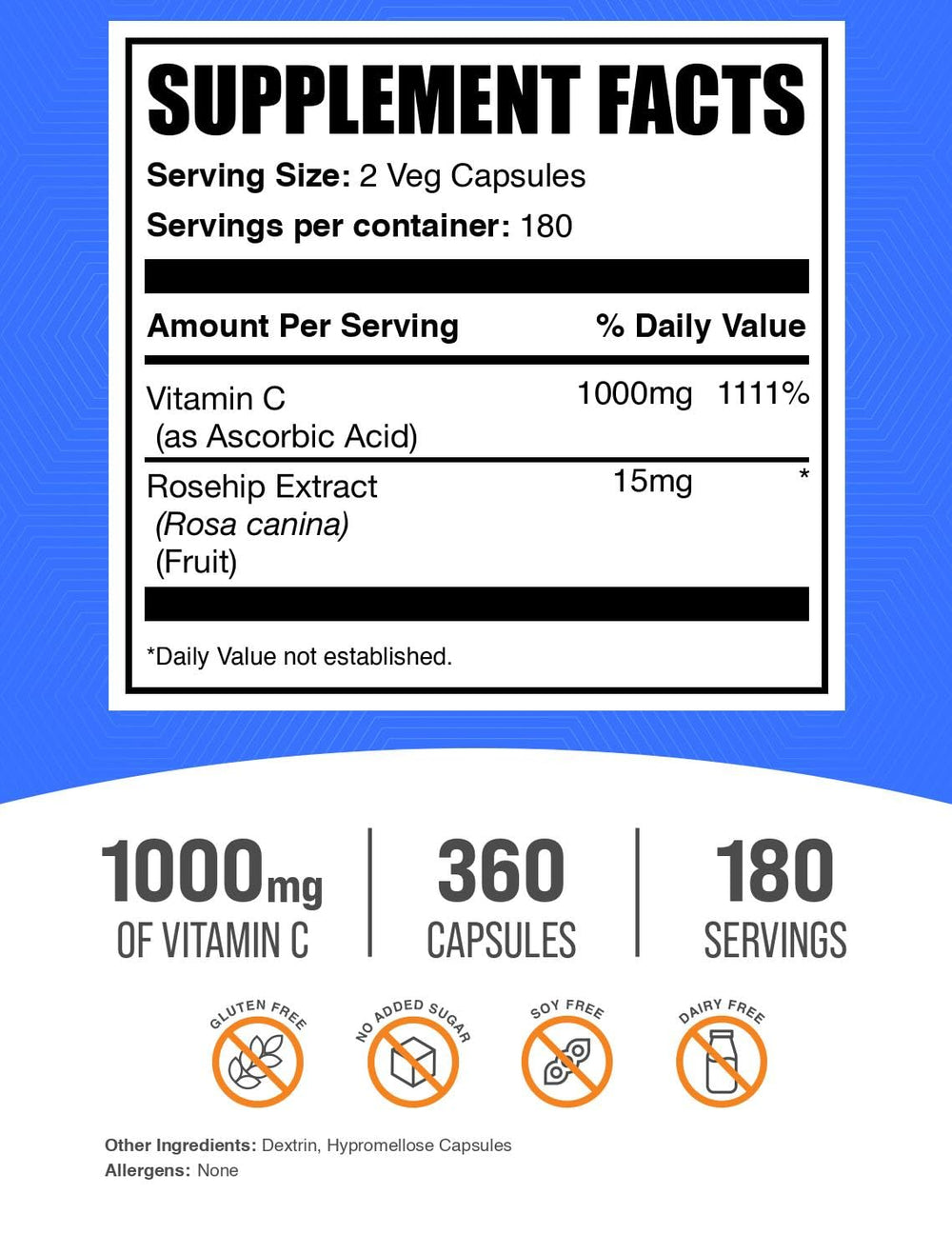 Immune support with vegan capsules containing Vitamin C 1000mg and Rose Hips 15mg, 2 capsules per serving