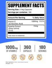 Immune support with vegan capsules containing Vitamin C 1000mg and Rose Hips 15mg, 2 capsules per serving