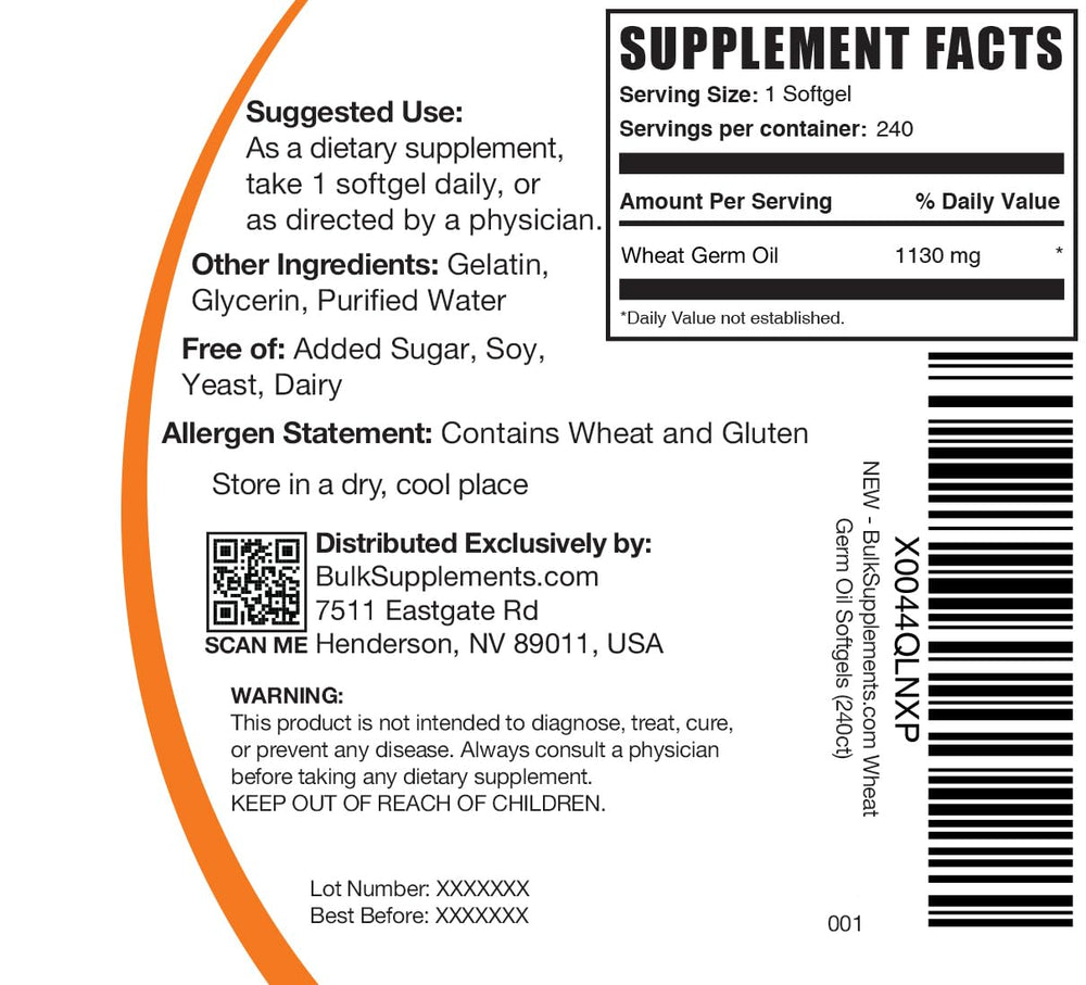 BulkSupplements Wheat Germ Oil Softgels 1130mg 240-count pack