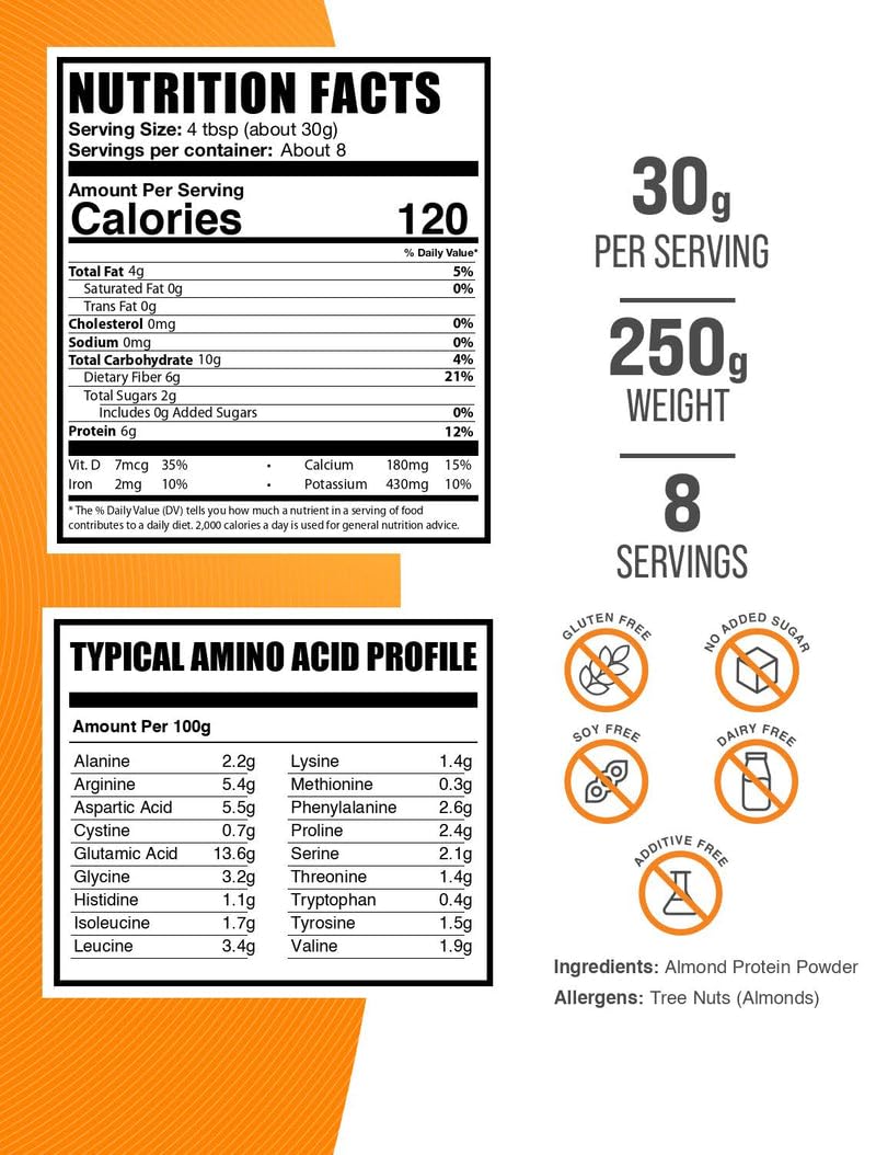BulkSupplements Almond Protein Powder bottle focuses on gluten-free vegan nutrition for active days.