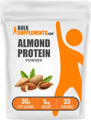 BulkSupplements almond protein powder jar highlighting plant-based protein option.