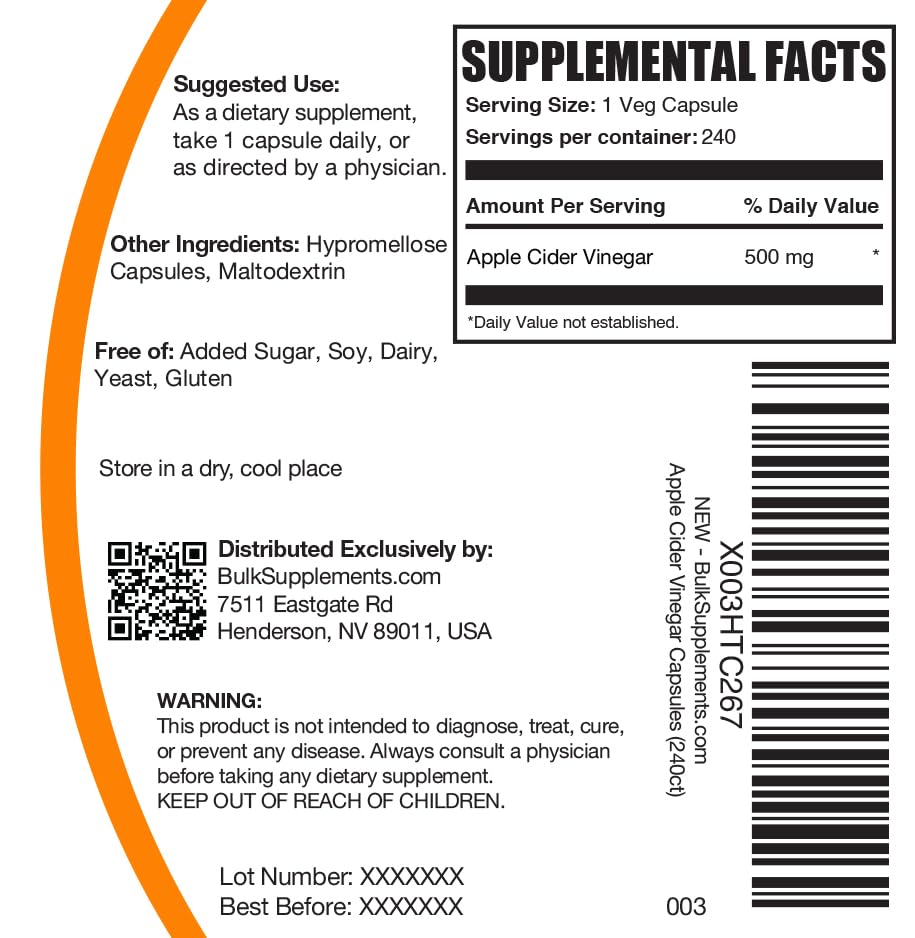 BulkSupplements Apple Cider Vinegar Capsules packaging gluten-free formula