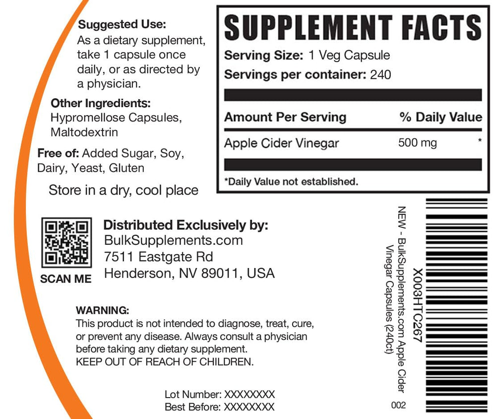 BulkSupplements Apple Cider Vinegar Capsules pour on-the-go convenience