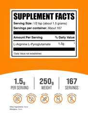 BulkSupplements L-Arginine L-Pyroglutamate powder close-up highlights unflavored formula for stacking.