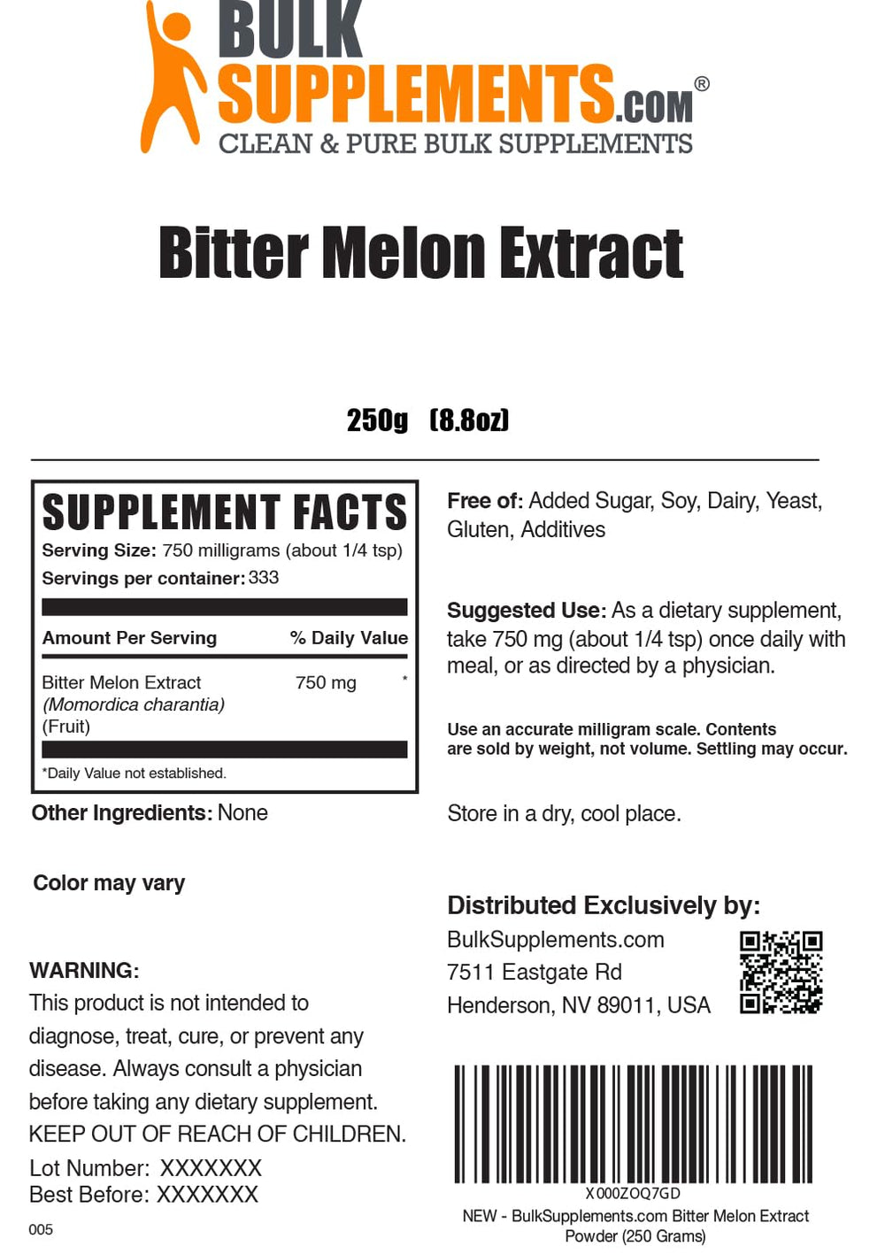 BulkSupplements Bitter Melon Extract Powder label shows 750 mg per serving.