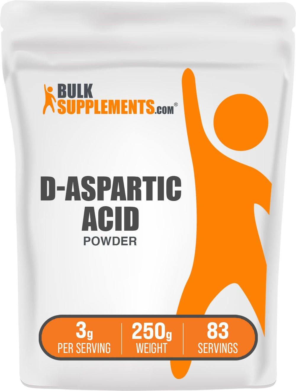 BulkSupplements D-Aspartic Acid powder pack shot shows a pure, easy-to-mix supplement for active lifestyles.