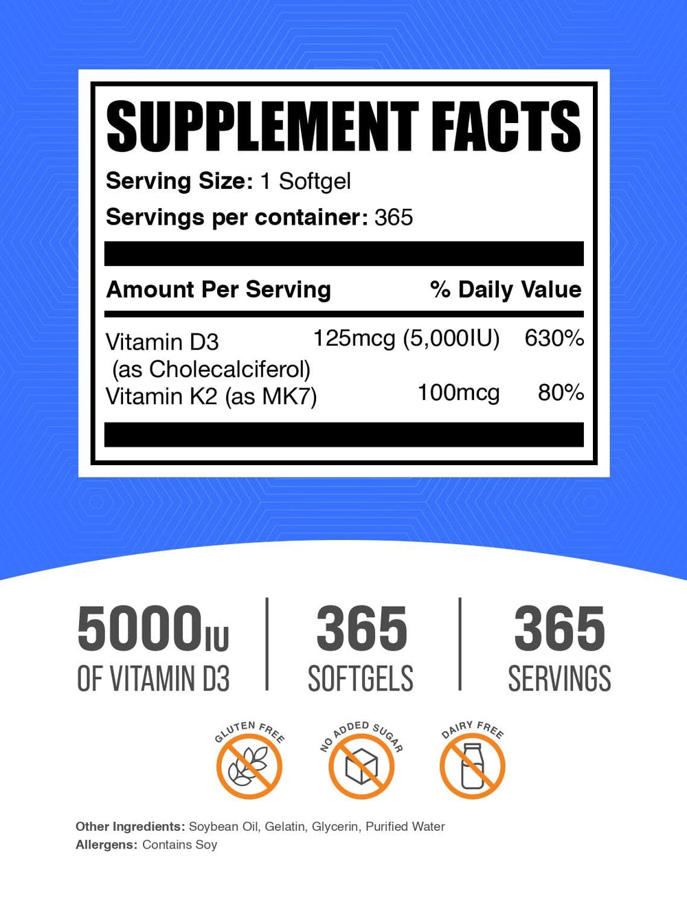 Packaging of BulkSupplements Vitamin D3 + K2 5000 IU softgels