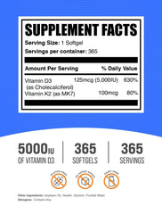 Packaging of BulkSupplements Vitamin D3 + K2 5000 IU softgels